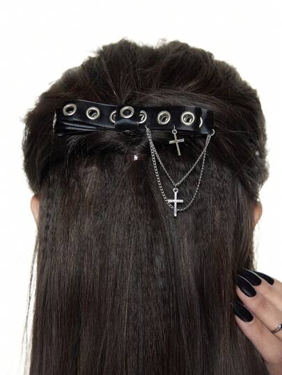 1pc Gothic PU Leather Tassel Chain Cross Design Hair Clip For Women