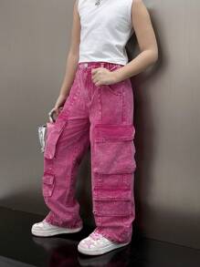 Tween Girls Y2K Style Multicolor Denim Effect Fashion Street Multi-Pocket Cargo Pants, Casual Everyday Urban Streetwear Jeans - Hot Pink - View 6