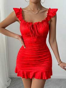 VaVaBold Vestido elegante con estampado floral, volantes en el bajo, atado al frente y hombros al descubierto para vacaciones y playa para mujeres - Rojo - Ver 4