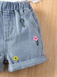 Baby Girls Cute Simple Elastic Waist Frilled Edge Bleached Denim Floral Embroidery Shorts - Light Wash - View 6