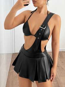 SHEIN ICON 2 件套三角杯吊带背心和褶皱肩带 PU 迷你裙