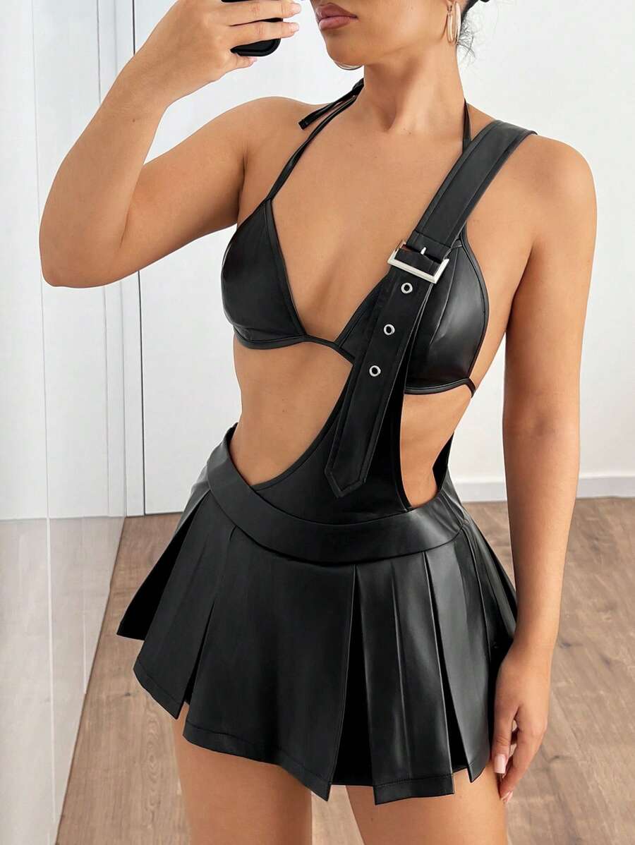 SHEIN ICON 2 件套三角杯吊带背心和褶皱肩带 PU 迷你裙