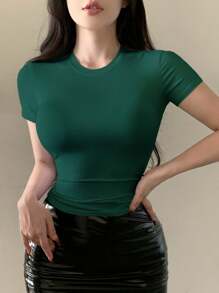 DAZY Women Solid Color Round Neck Slim Fit Short Sleeve Casual Green T-Shirt Top Summer - Dark Green - View 2
