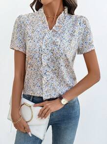 EMERY ROSE Women's Summer Casual Resort Ruffle Collar Lantern Sleeve Ditsy Floral Blouse