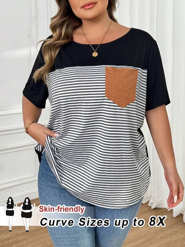 SHEIN CURVE+ Tricou cu petecuri cu dungi cu culoare blocată pentru femei de mărime mare