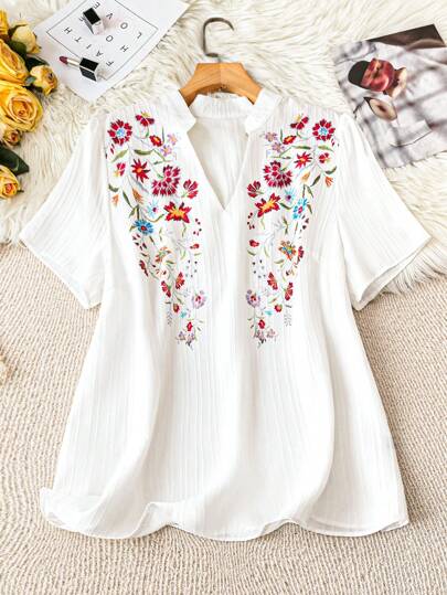 Rometta Elegant Pendlar Vintage Casual Dammode Bästsäljare Blommigt tyg Hög krage Kortärmad Spetskant Broderad Design Svart Plus Size Blus, vår/sommar/höst