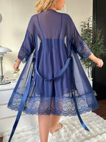 SHEIN 大码纯色蕾丝拼接休闲家居服套装 - 藏蓝色 - 查看 2