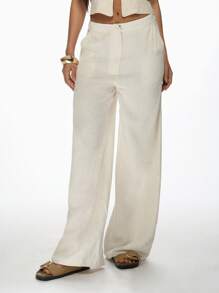 MISSGUIDED Luxury Linen Wide Leg Palazzo Pants Resort Wear Beach Vacation Summer Loungewear High Waisted Casual Elegant Trousers With Side Pockets - Apricot - View 1