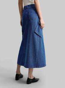 Ontre 女式 2025 新款休闲不对称腰部开衩工装牛仔裙，春夏女式牛仔装 - 藍色 - 查看 2