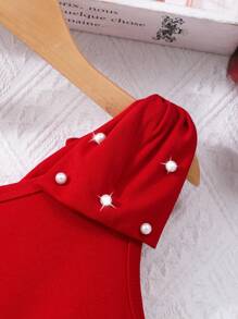 Conjunto de tirantes de unicolor elegante con perlas y lazo para niña preadolescente con cinturón, para verano, ropa para niña de color rojo, para vacaciones, verano, viajes