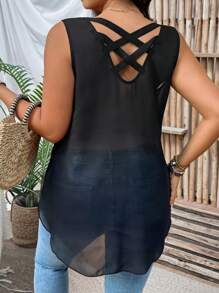 SHEIN LUNE Plus Size Chiffon Front Double Layer Overlap V-Neck, Circular Ring Zipper Decor Casual Sleeveless Top - Black - View 4