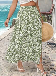 SHEIN VCAY Falda con abertura frontal con estampado floral romántico tipo "ditsy" en tallas grandes, falda suelta y versátil para playa y vacaciones, regalo de San Valentín - Verde - Ver 5