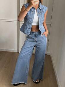 Livesso Women's Denim Casual Street Style Sleeveless Jacket And Wide Leg Pants Suit, Spring/Summer - Blue - View 3