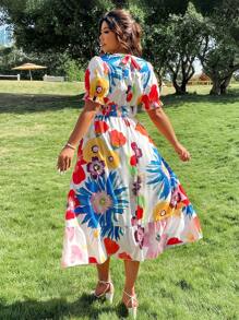Breezaya Vestido de vacaciones con mangas abullonadas, cintura fruncida y estampado floral colorido en tallas grandes para mujer, primavera/verano