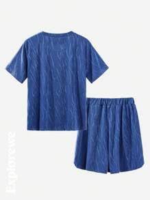 SHEIN Tween-Jungen 2-teiliges Set mit kurzärmligem Oberteil und Shorts mit Berg- und Buchstaben-Print - Blau - Übersicht 2
