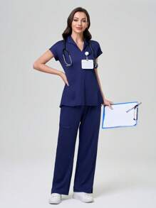 TaskEZ 纯色短袖插肩袖简约上衣和全长裤 护士手术服套装 手术服套装 护士手术上衣 手术裤 跑步护士和制服手术服 洗手口袋透气拉绒服装套装 带口袋的手术弹力运动工作服 手术上衣和裤子套装 女士手术套装：缺口 V 领塞入式上衣和直筒裤 基本慢跑手术套装 护士制服弹力上衣和抽绳工装裤 - 藏蓝色 - 查看 1