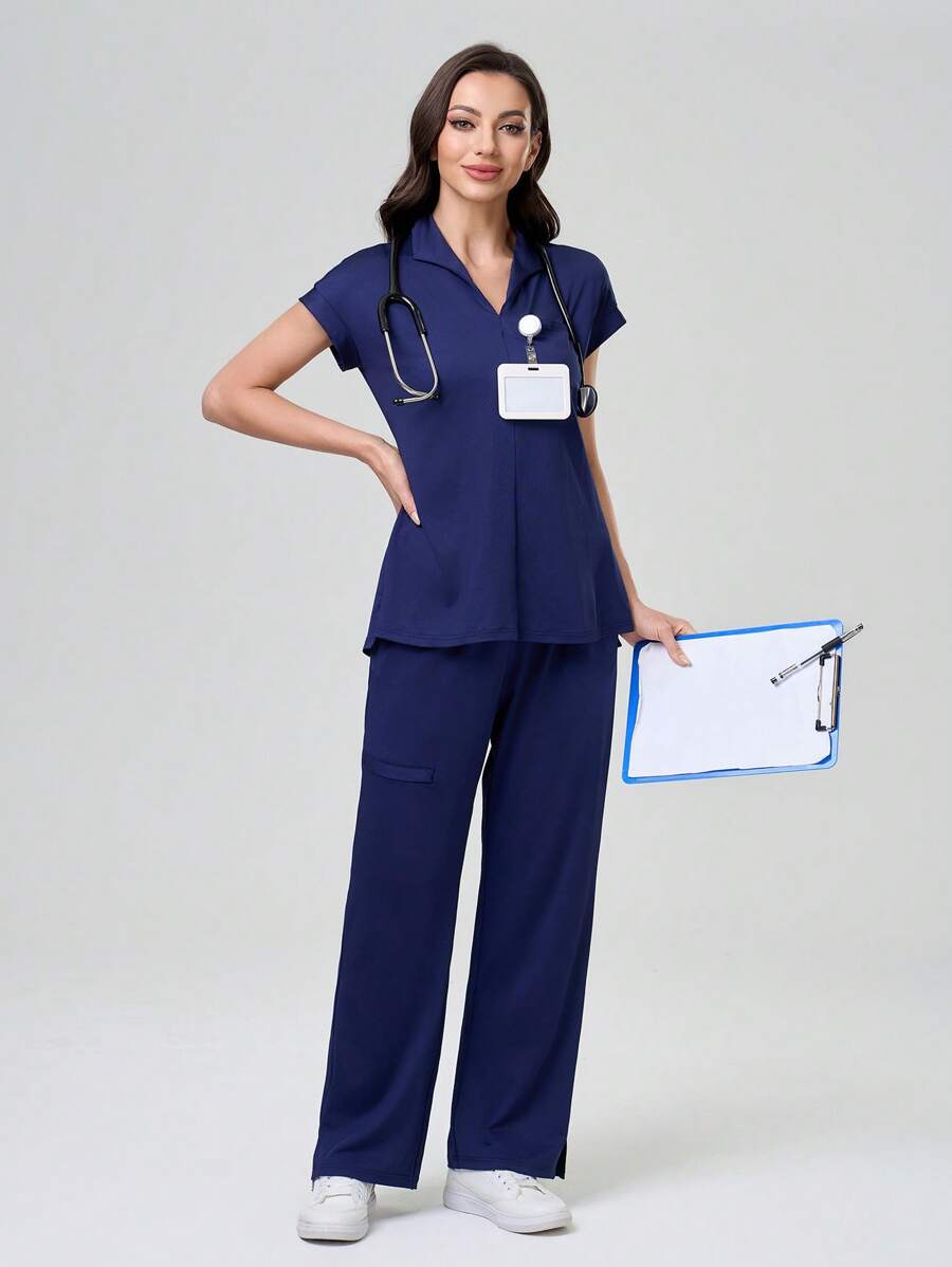 TaskEZ 纯色短袖插肩袖简约上衣和全长裤 护士手术服套装 手术服套装 护士手术上衣 手术裤 跑步护士和制服手术服 洗手口袋透气拉绒服装套装 带口袋的手术弹力运动工作服 手术上衣和裤子套装 女士手术套装:缺口 V 领塞入式上衣和直筒裤 基本慢跑手术套装 护士制服弹力上衣和抽绳工装裤 - 藏蓝色 - 查看 1