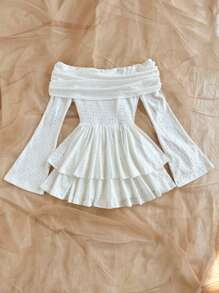 Soleia Weißer gehäkelter Romper mit Rüschen und Trompetenärmeln für Damen, romantischer Urlaubsstil