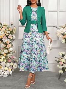 SHEIN Lady 优雅两件套纯色夹克搭配长款印花女装，适合所有季节 - 綠色 - 查看 5