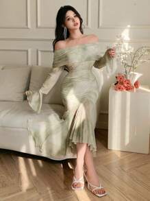 DAZY Women's Floral Trumpet Sleeve Fishtail Midi Dress Elegant,Ruffle,Fall Dress Long Sleeve Dress - Mint Green - View 8