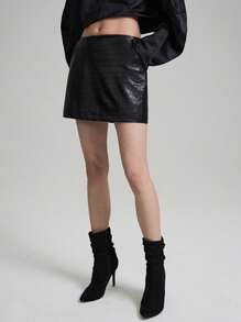 Ontre 90s Women's Fashion 2025 Spring New Arrival Ladies Black PU Embossed Material Short Skirt, Daily Wear, Versatile, Minimalist Fashion Bottom - Black - View 3