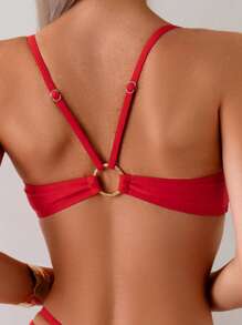 SHEIN Swim 女式闪亮材质可调节细肩带性感上衣和丁字裤比基尼套装，适合夏季海滩度假 - 紅色 - 查看 4