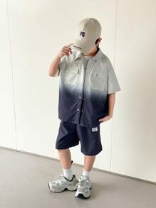 SHEIN Leap Crew 2pcs/Set Tween Boy Casual Street Stylish 3D Cargo Pockets Ombre Loose Comfortable Woven Short Sleeve Shirt And Elastic Waist Versatile Shorts Outfit, Suitable For Outdoor, School, Daily Casual, Sports, Spring/Summer - Multicolor - View 3
