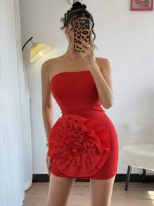 Chiquease 女士优雅 3D 花卉鲜红色紧身连衣裙