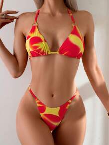 SHEIN Swim 2pcs/Set Women's Random Floral Print Sexy V-Neck Halter Wrapped Top And Triangular Bottom Casual Summer Swimwear - Multicolor - View 5