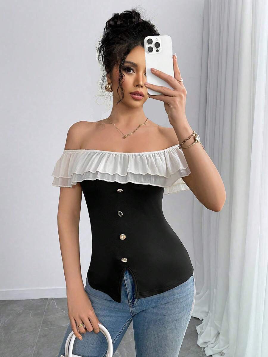 SHEIN Unity Women's Metal Hardware Off Shoulder Splice Colorblock Casual Elegant T-Shirt - Black - View 1