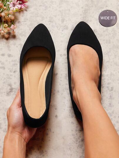 SHUZIA 女式舒适杏仁形平底芭蕾鞋宽版黑色磨砂皮