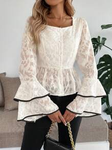 SHEIN Unity Women Elegant Square Neck Cutout Bell Sleeve Blouse Fall Cloth For Women - Apricot - View 5