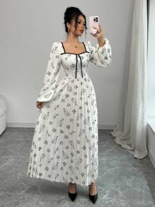 Modelyn Đầm dài tay cổ vuông xếp ly in họa tiết dệt cho nữ - Màu be - Xem 6