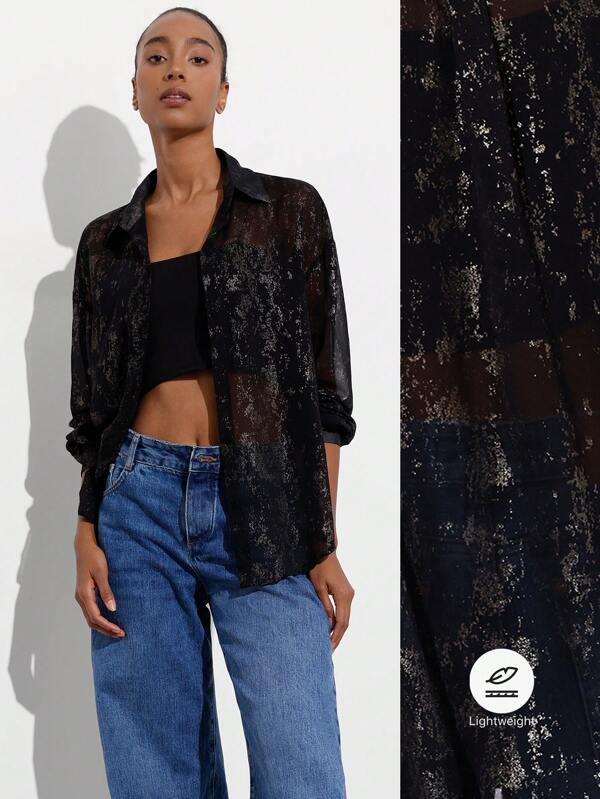 SHEIN Privé Schwarze, metallisch goldene Chiffon-Durchsicht-Bluse mit elegantem, luxuriösem und minimalistischem Vintage-Design, V-Ausschnitt und Langarm für Damen