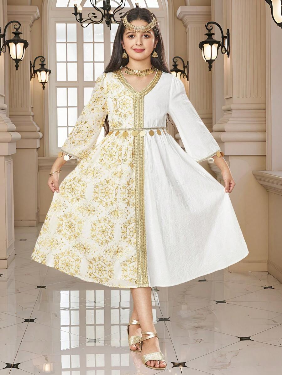 SHEIN Váy nghỉ mát thêu viền dệt thanh lịch cổ điển cho bé gái tuổi mới lớn - trắng - Xem 1