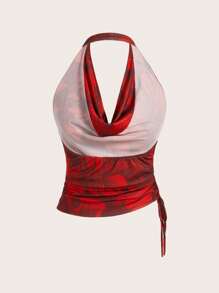 Chiquease Débardeur asymétrique à encolure dégagée, froncé et moulant, avec imprimé floral aléatoire vintage sur un tissu de maille, pour un style élégant et pour le printemps et l'automne - Rouge - Voir 2