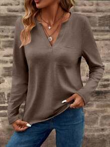 EMERY ROSE Long Sleeve Notched Neck Solid Color Casual T-Shirt Fall Cloth For Women - Mocha Brown - View 4