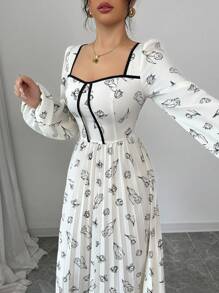 Modelyn Đầm dài tay cổ vuông xếp ly in họa tiết dệt cho nữ - Màu be - Xem 1