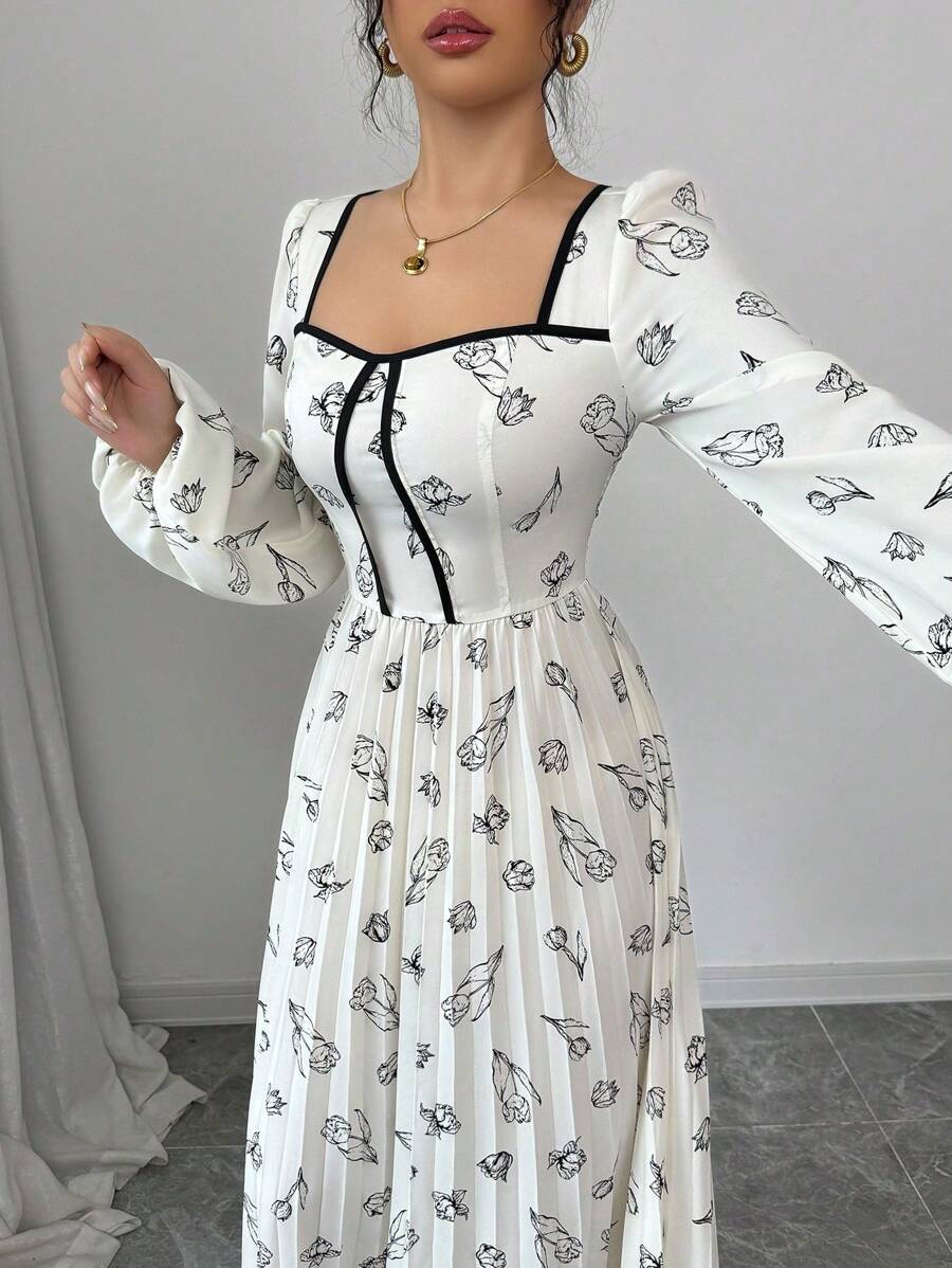 Modelyn Đầm dài tay cổ vuông xếp ly in họa tiết dệt cho nữ - Màu be - Xem 1