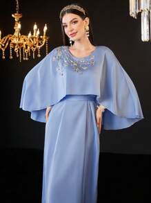 Al Najma 女士优雅浪漫花卉点缀珍珠刺绣派对礼服 - 藍色 - 查看 1