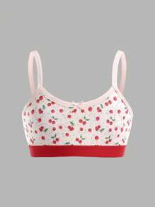 2pcs/Set Big Girls' Cherry Print & Solid Red Underwear Set - Multicolor - View 3