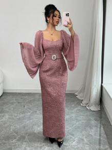 Modelyn Women's Heterogeneous Material Patchwork Diamond Button Jacquard Waist Fitted Bodycon Dress - Pink - View 4