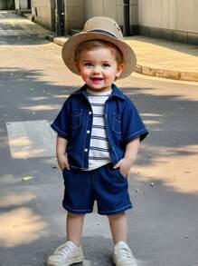 SHEIN Leap Crew 3 件套包括条纹 T 恤、淡蓝色衬衫、条纹短裤、男婴夏季休闲可爱服装 - 彩色 - 查看 10