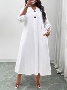 Veslaya Áo sơ mi ngắn tay màu trắng đa năng, dễ phối đồ, kiểu dáng casual đi biển, có túi và đầm dài đến đầu gối. - trắng - Xem 2