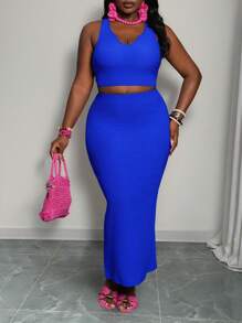 Slaydiva 2025 New Arrival Simple & Sexy Solid Color Cropped Tank Top & Fitted Maxi Skirt Matching Set, Casual All-Match Resort Wear Suitable For Spring/Summer, Size M - Blue - View 4