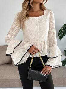 SHEIN Unity Women Elegant Square Neck Cutout Bell Sleeve Blouse Fall Cloth For Women - Apricot - View 6