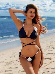 Swim Lushoire Ensemble de bikini triangle à dos ouvert et col montant de couleur unie pour femmes, pour l'été et les vacances à la plage - Noir - Voir 5