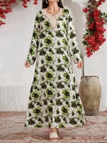 Al Najma Women's Green Fresh Floral Print Ruffle Collar Long Sleeve Loose Long Arabian Dress, Arabian Dresses - Green - View 6