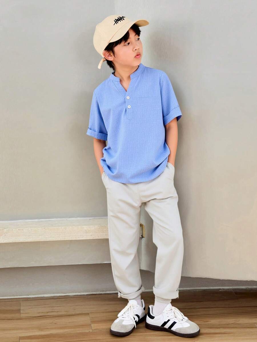 SHEIN 青少年男孩休闲短袖衬衫和长裤套装 - 藍色 - 查看 1