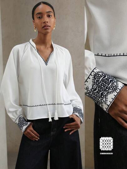 Aveloria Modichic 女士白色亚麻长袖衬衫，配黑色撞色、刺绣图案、 V 领和流苏饰边